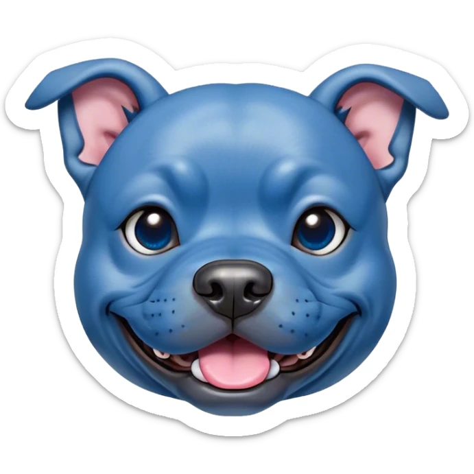 Cinematic Comical Blue Staffordshire Bull Terrier Portrait Emoji, Head tilted dramatically with an exaggeratedly amused expression, featuring a striking blue Fur with a subtle shimmer, wide, expressive dark eyes filled with playful disbelief, Simplified yet hilariously expressive features, highly detailed, glowing with a slightly sassy glow, high shine, dramatic yet playful, stylized with an air of cheeky mischief, bright and endearing, soft glowing outline, capturing the essence of a spirited and over-the-top guardian, so meme-worthy it feels like it could side-eye its way into internet fame instantly! sticker
