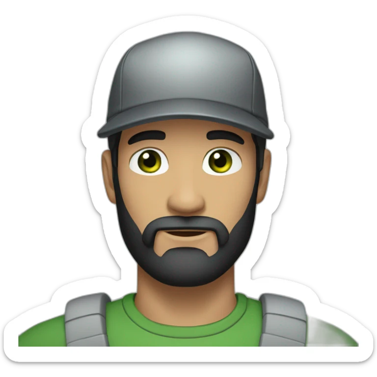 Man with black hair and beard, and green eyes, and a gray caps sticker