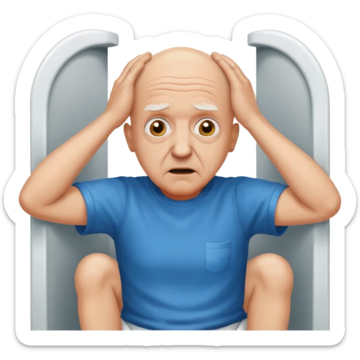 A bald person who’s very old is staring, he’s inside a toilet and his head is upright and looking at the camera with very wide eyes and his hands are putting pressure on his head, very scared expression and he’s twerking sticker
