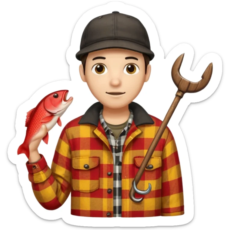 vit Ung man med svart keps röd gul rutig flanellskjorta hållandes en brun båtshake med hängande jättestor torsk sticker