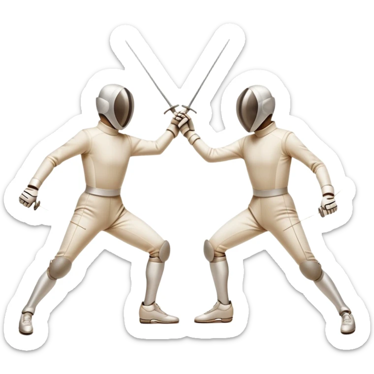 Two fencers in symmetrical stances, with crossed épées in front of them. Their forms are elegant and precise, showcasing the balance and strategy of fencing. The background features a blurred fencing piste, with subtle motion lines to emphasize the elegance and speed of the sport. sticker