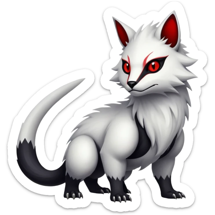 a white exotic edgy vernid-fionbr-Fakémon-creature, with black belly and red eyes, full body sticker