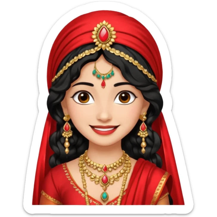 a pretty bratz fair indian girl wearing a red indian wedding outfit with dupatta on head,  golden jewellery, black wavy hair sticker