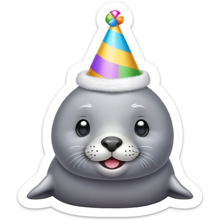 A cute gray seal with colorful birthday party hat, simple mobile emoji style sticker