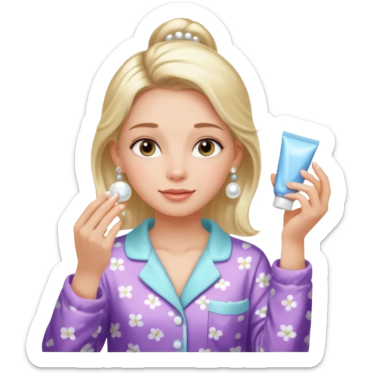 Clean girl aesthetic emoticons, apply skincare products, pearl earrings, glowing skin, pajamas, soft lighting sticker