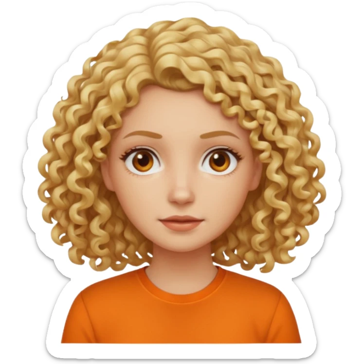 curly blond hair woman in orange shirt no smile sticker