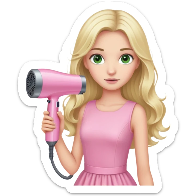 blonde girl with long hair and swamp green eyes, wearing a pink pastel dress, holding a pink Dyson hair dryer sticker