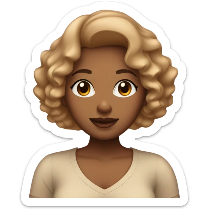 tan skin woman with chubby cheeks and straight slightly wavy hair, two toned lips, not so big eyes and curly eyelashes, wearing a v-neck short sleeves, broad shoulders, has a dark feminine energy sticker
