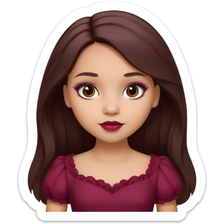 a light skin girl with long brunette hair. with dark brown eyes and slightly slanted. wear a doll like make-up with maroon dress.  sticker