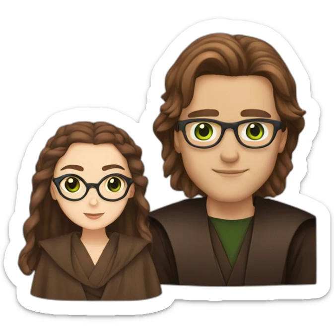 anakin with glasses and padme with green eyes, long brown hair sticker