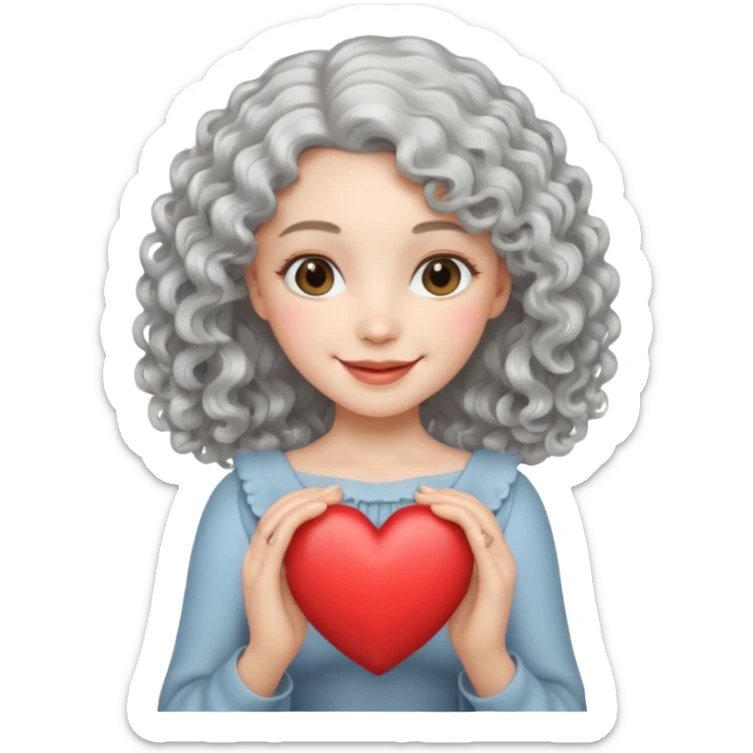 silvery curly/wavy shoulder-length hair smiling lady holding a heart but finer hair sticker