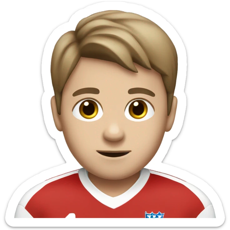 A white person with a England football jersey on dark brown neat hair who is a boy sticker