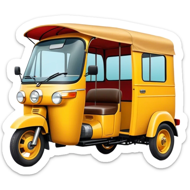 Cinematic Realistic Tuk Tuk Emoji, depicted as a vibrant iconic three-wheeled vehicle with bold colors and a compact design, rendered with crisp textures and dynamic urban lighting that captures its quintessential Thai charm. sticker