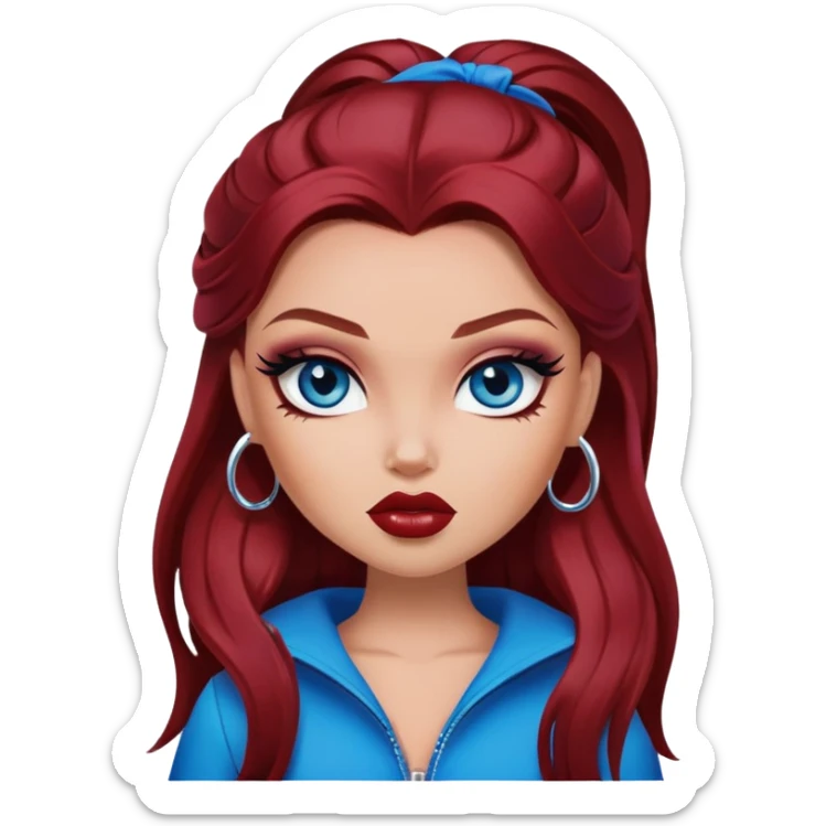 bratz baddie, dark red hair, long hair, blue eyes, makeup sticker
