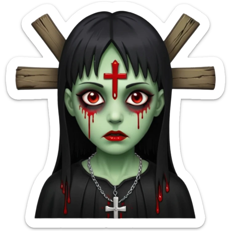 zumbi verde com olhos vermelhos sangrando e franja roupa preta e um crucifixo como colar sticker