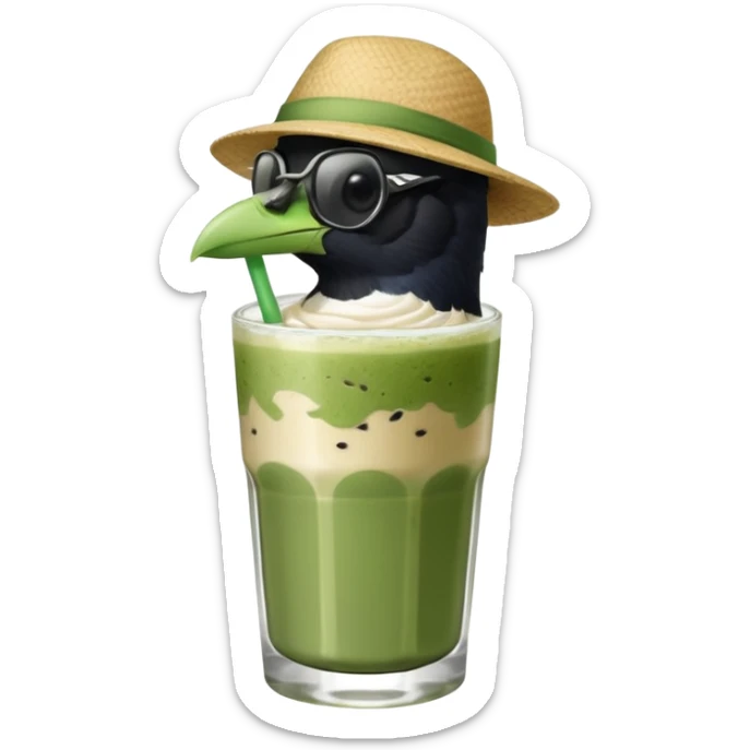 It’s an Australien Magpie sitting on an iced matcha latte on the edge of the glass. It has green matcha on its beak indicating it drank. The iced matxha latte is in a see through glass and white from the oat milk on the bottom and green on top…and there is a straw in the drink and ice cubes sticker