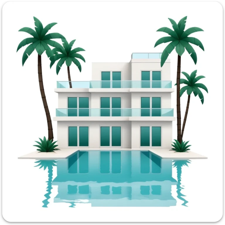 white villa with swimming pool and dark green palm trees, minimalism, no emojis or faces, white background sticker
