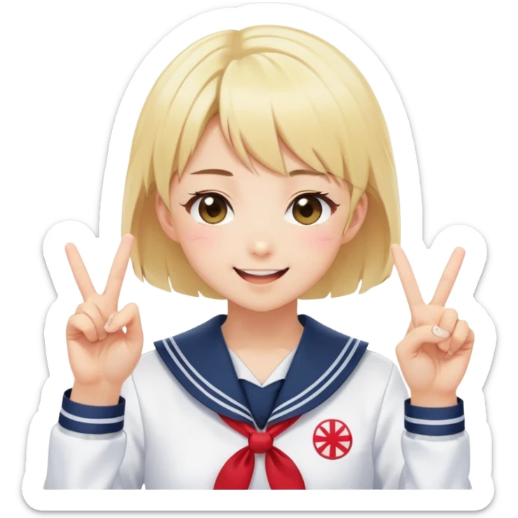 Energetic anime girl with short blonde hair wearing Japanese sailor style school uniform, winking and making double peace signs, very cheerful and bubbly, kawaii style sticker