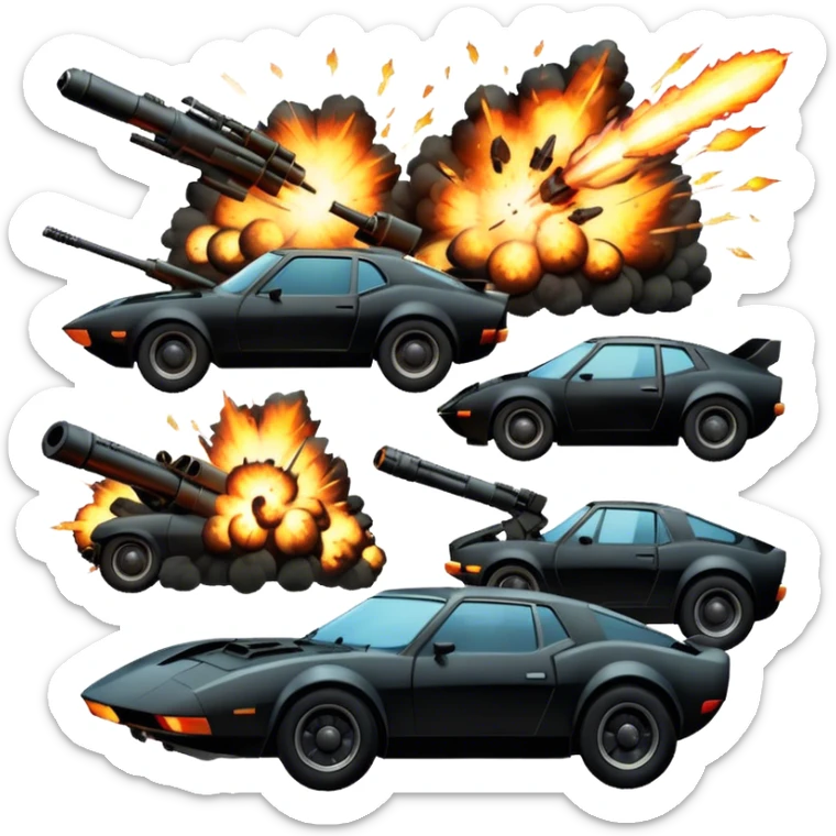 Photorealistic Icon for Action Movies: Dynamic close-up collage of iconic action movie scenes featuring explosions, fast car, combat and weapons. Include silhouettes of famous action heroes, dramatic lighting and a sense of high-octane energy. Transparent background. sticker