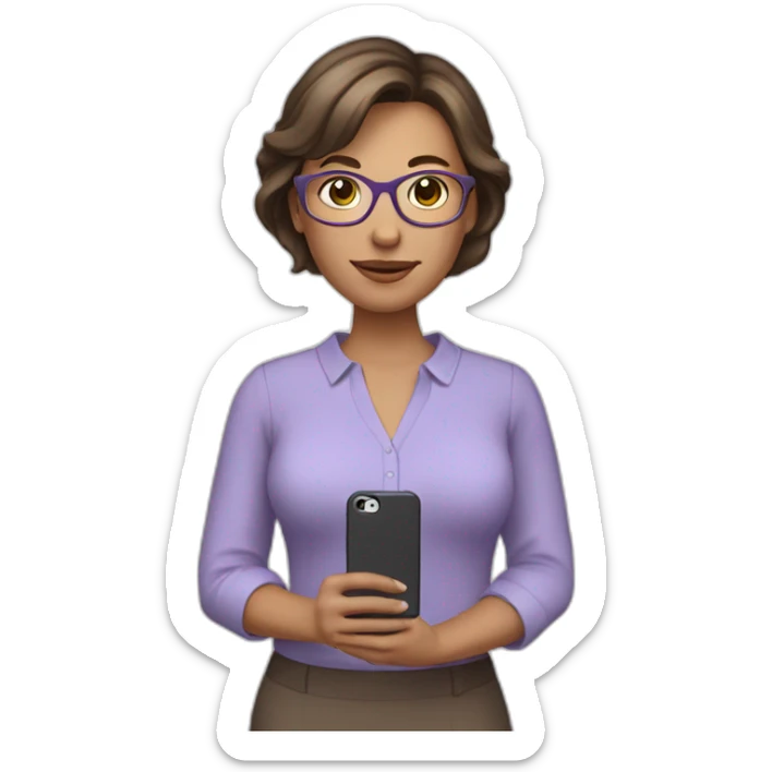  Woman with brown hair, cut short to the shoulders, wearing a lavender blouse, accessorized with gray glasses, and holding a cell phone in her right hand. sticker