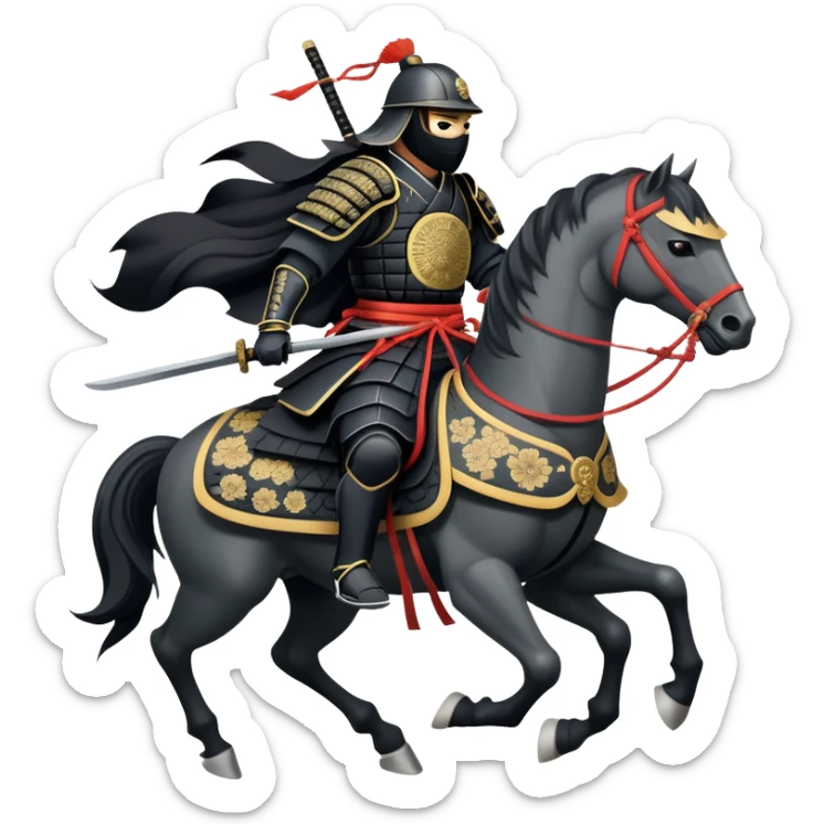 clash-of-clans-aesthetic_-cinematic-fearsome-and-majestic-samurai-bust-portrait-emoji, rendered in a flat, vector-style with minimal shading and bold, simplified shapes typical of emoji art, depicting a battle-hardened samurai with black mask and traditional black Japanese armor. The samurai is riding a noble grey warhorse adorned with an intricately designed saddle and fluttering banners and a rising sun. a samurai riding on a  horse sticker