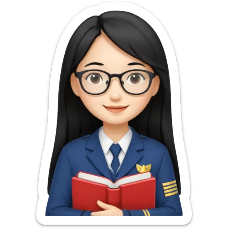 A student, asian girl, long black hair, wearing glasses, uniform, hold book in front of their chest sticker