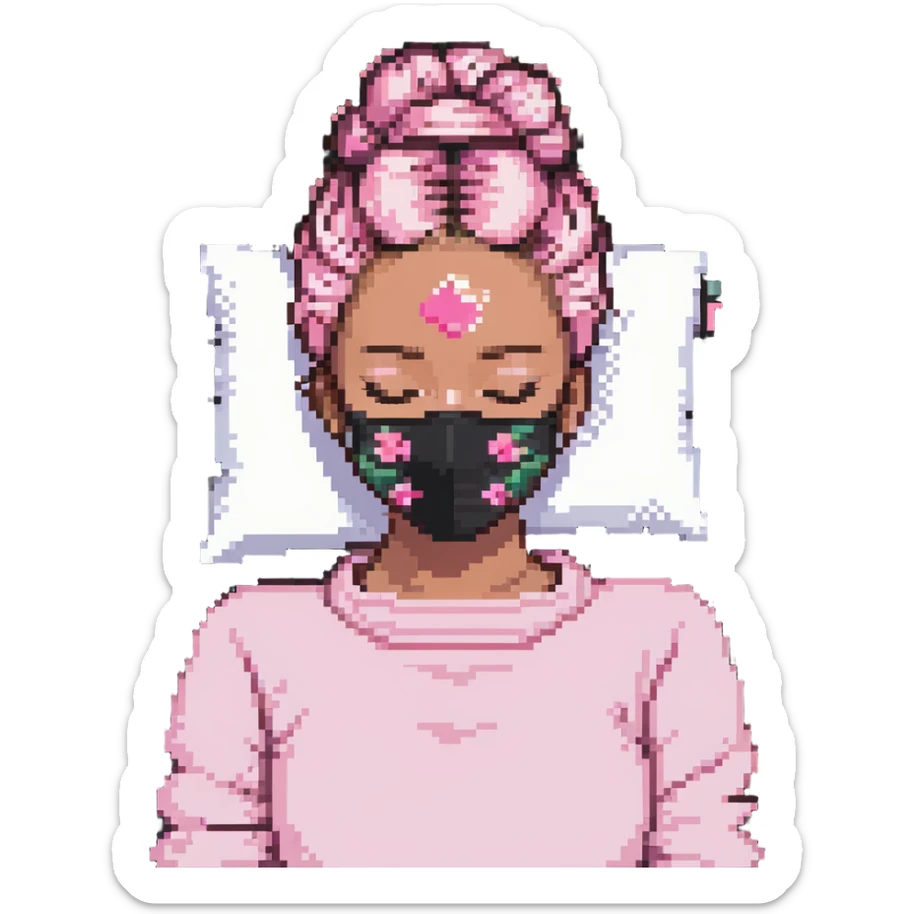 Pixel art girl sleeping with pink beauty face mask, hair in messy bun, self care sticker