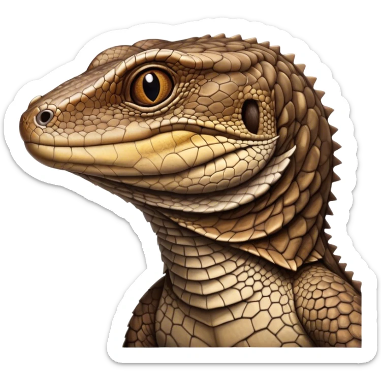 Cinematic Noble brown monitor Lizard Portrait Emoji, Poised and regal, with a robust, scaled body exhibiting striking, mottled patterns and piercing, alert eyes, Simplified yet sharp and sophisticated features, highly detailed, glowing with a soft, earthy glow, high shine, intelligent and formidable, stylized with an air of ancient wilderness, focused and commanding, soft glowing outline, capturing the essence of a watchful and confident reptilian guardian that appears ready to stride out of the screen with effortless authority! sticker
