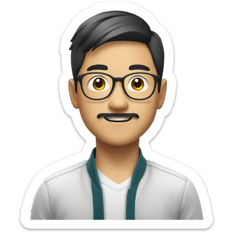 Asian boy smiling with food. Glasses and a mustache and goatee  sticker