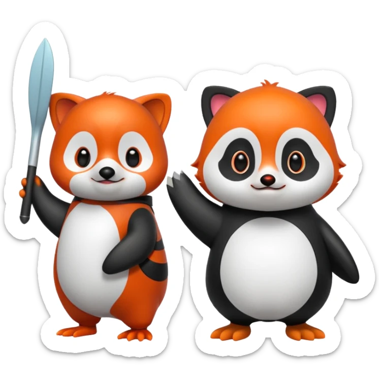 A cartoon  cute cartoon penguin. Next to it is a cartoon red panda holding its flipper  sticker