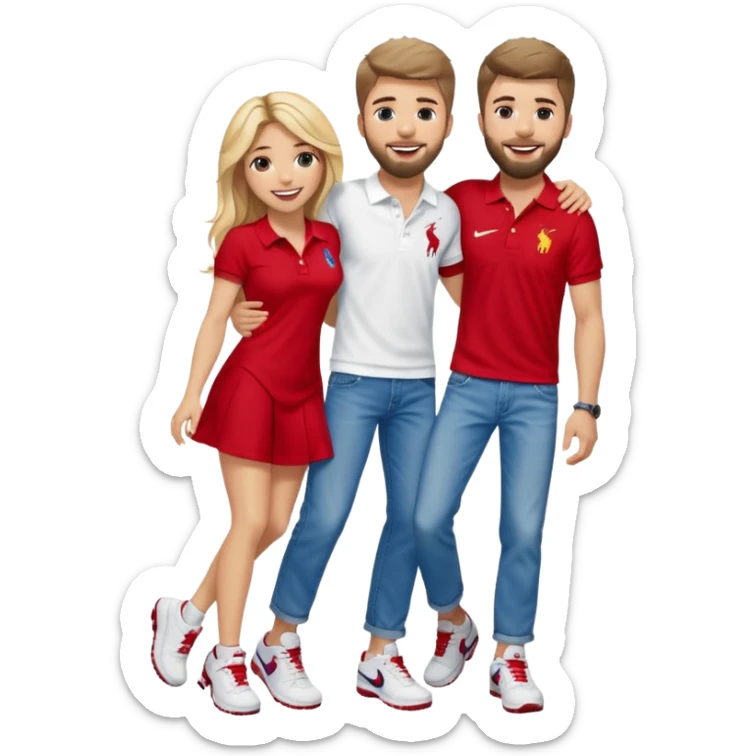 Shakira with blue eyes and her husband  Gerard pique with blue eyes holding her in his armsThey both laugh at each other its romantic&he wears a nice polo from Ralph Laurent in white& a nice baggy jeans with 97 Nike sneaker. She is wearing a romantic feminine short red dress with white open heels  sticker