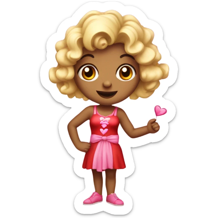 Realistic isolated female cupid character with short curly blonde hair holding up peace fingers with red and pink outfit and red bow in her hair. sticker