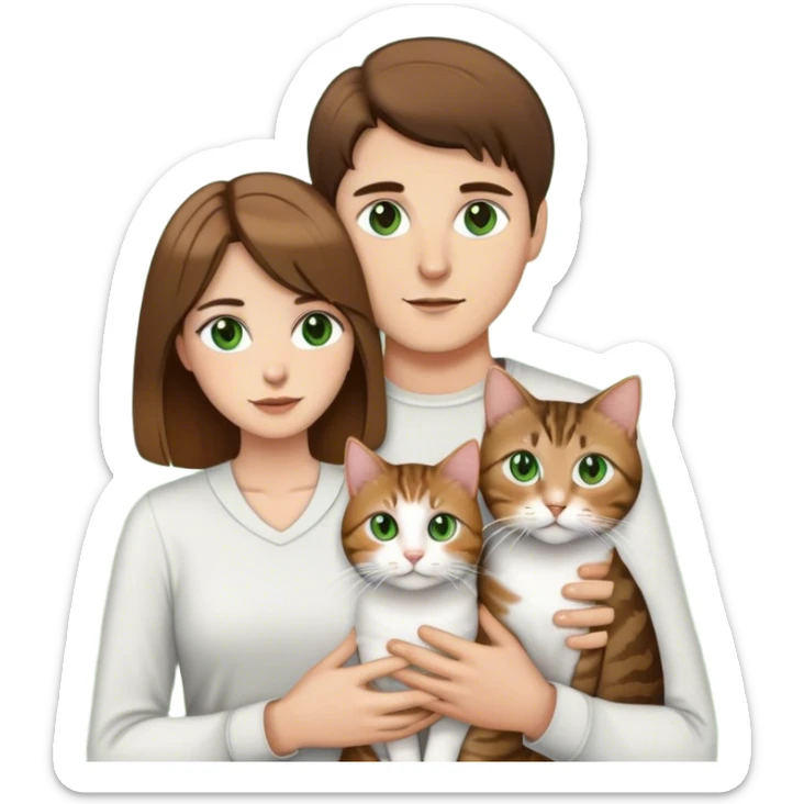white couple with brown hair, man has short hair and brown eyes. woman has long hair and green eyes .they’re holding a tabby cat  sticker