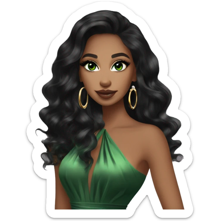 Glamorous, cocktail dress, black balayage hair, long wavy hair, olive skin, green almond eyes, winged eyeliner with big lashes, wearing hooped earrings, rings and bracelets  sticker