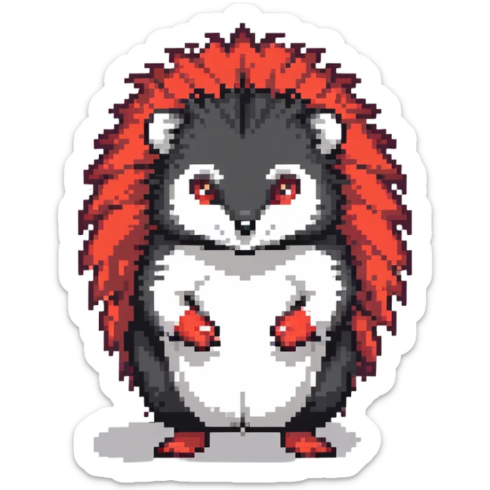 black hedgehog with red accents and white chest fur, defensive stance in a neon-lit industrial environment, metallic surfaces, intense expression sticker