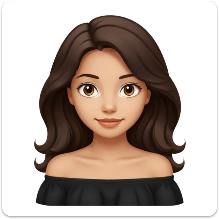 modern clean emoji of a young woman with medium skin tone, long wavy dark brown hair, wearing a black off-shoulder top, soft smile, expressive eyes, sleek warm charming style, relaxed confident personality, subtle light neutral background sticker