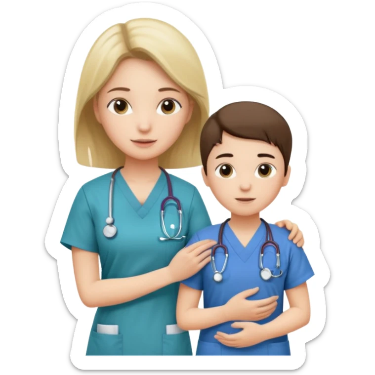 A young medic (woman) attending to a child patient at the local hospital sticker