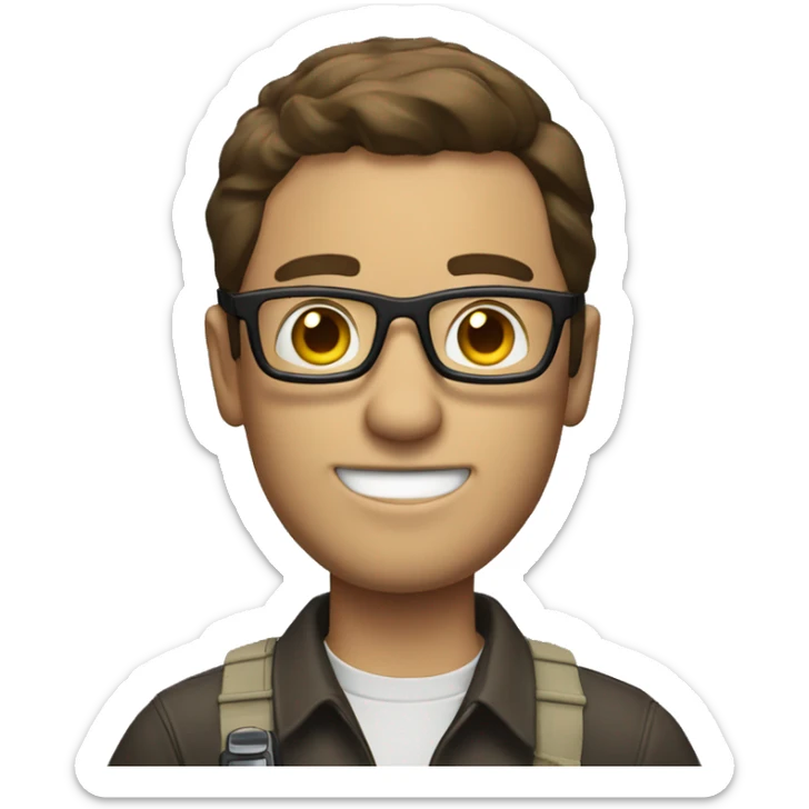 A man with brown  hair and glasses holding a walkie talkie sticker