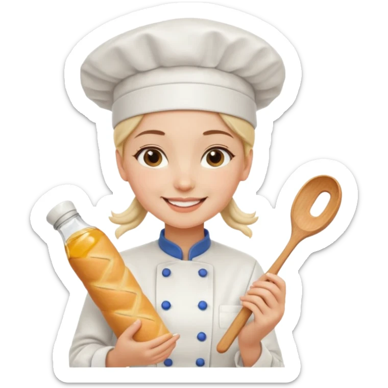 Young female baker - white chef hat, holding cream piping bag to milk oil on bread sticker