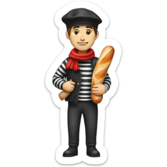 a french guy with a beret, black and white striped clothes, a red scarf and a baguette on his back. sticker