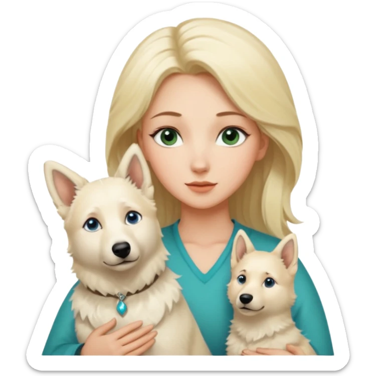 A white blonde Hair Woman with blue Green eyes with a White Shepard with a little bit beige in the fur in a lovely pose  sticker