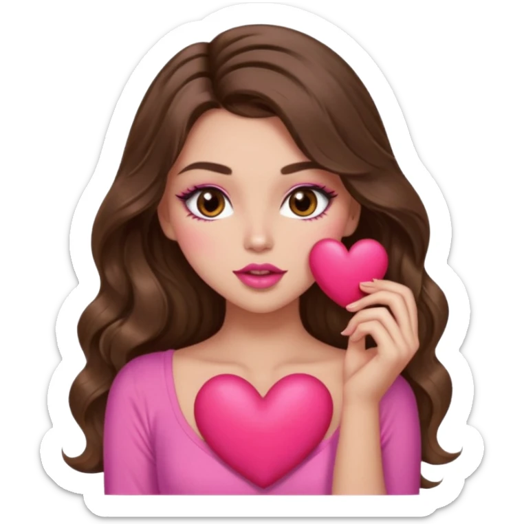 girl with long wavy brown hair, brown eyes, long lashes makeup, sexy pink lips, light to medium complexion, wearing a pink sexy top, sexy , puckering, blushing, kissing a heart sexy sticker