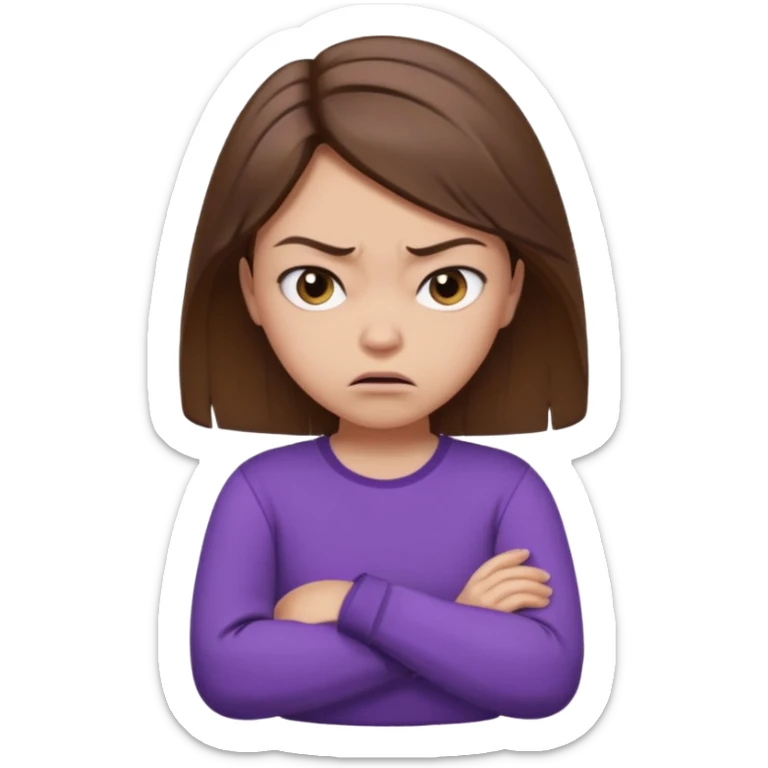 Angry Pouty girl with small squinted eyes folding arms in a purple longsleeve shirt she has fair skin and brown hair sticker