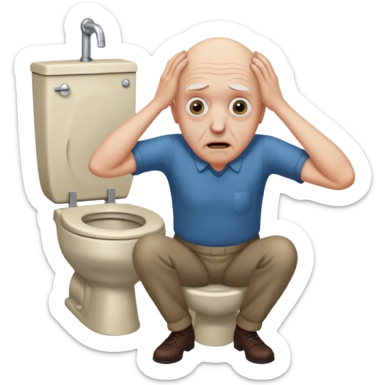 A bald person who’s very old is staring, he’s inside a toilet and his head is upright and looking at the camera with very wide eyes and his hands are putting pressure on his head, very scared expression and he’s shaking his butt sticker