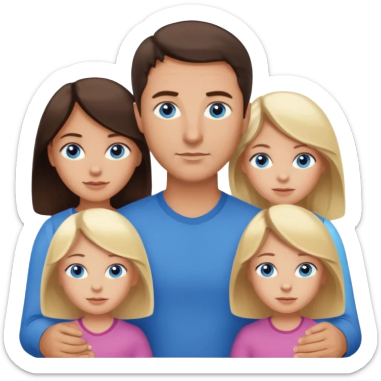 Family portrait with father with dark brown hair and blue eyes, mother with light brown hair and blue eyes, three blonde little girls with blue eyes sticker
