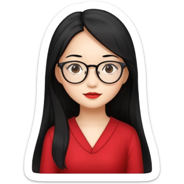 Beautiful Asian girl with long black hair and glasses wearing red dress sticker