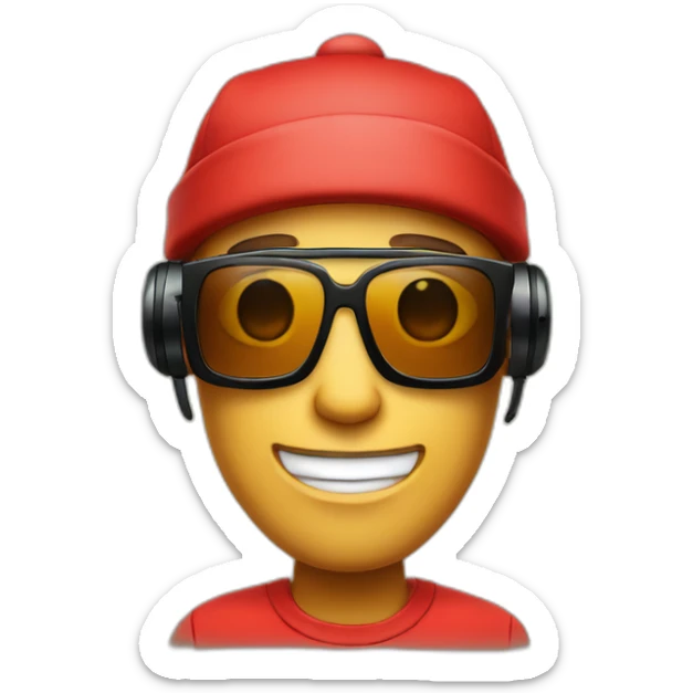 Cartoon bot with red shirt. BLACK HEADPHONES. Sunglasses, tan skin. Red beanie hat sticker