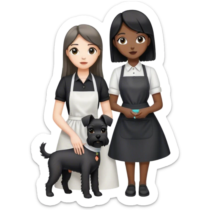pale girl with long back hair wearing black long shirt wearing apron holding black girl schnauzer sticker