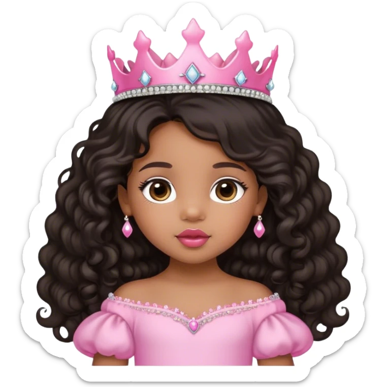 princess, medium brown skin tone, very adorable toddler, with big plump lips, long long lashes, black curly long hair, brown eyes, pink tiara sticker