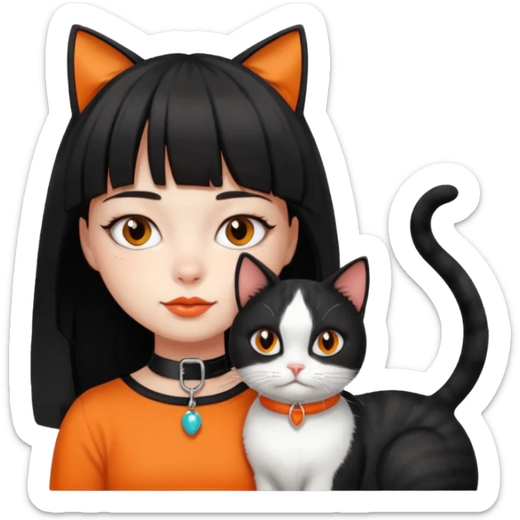 a girl with a short black curtain bangs hair and with her 2 cat color white black cat and orange white cat laying on her neck sticker